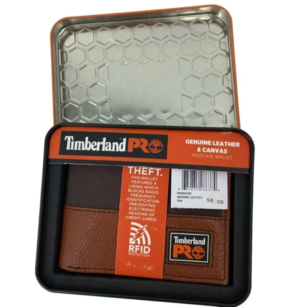 Timberland Mens RFID Wallet Passcase Brown Pro Leather With ID Slot Gift Box
